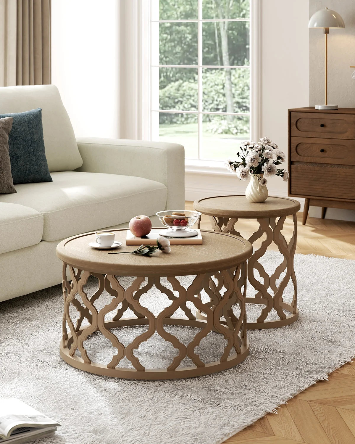 Bestco 30" Farmhouse Coffee Table, Round French Country Coffee Table, Distressed Wood Tray Top Vintage Coffee Table with Storage Shelf, Beige