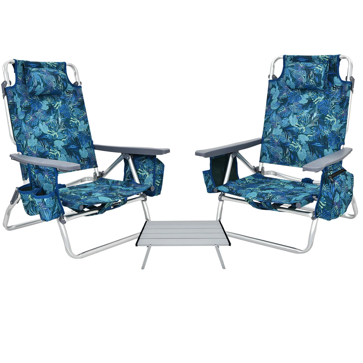 Costway 2-Pack Folding Backpack Beach Chair Table Set 5-Position Outdoor Reclining Chair Pink