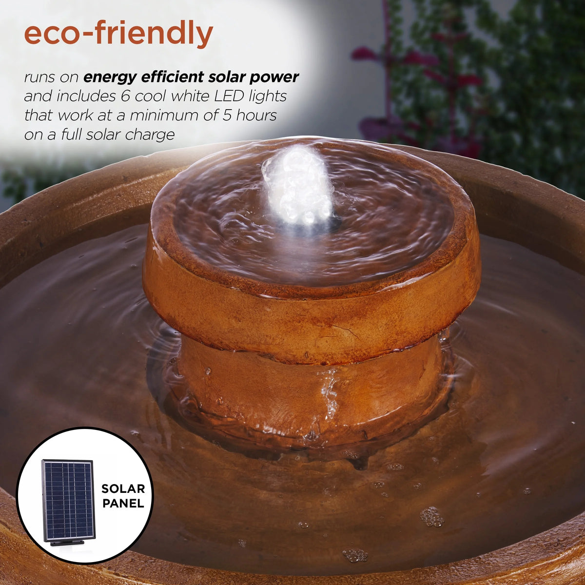 Alpine Corporation  29" Outdoor Birdbath Fountain with LED Lights  Classic Pedestal Solar-Powered Garden Water Feature, Brown