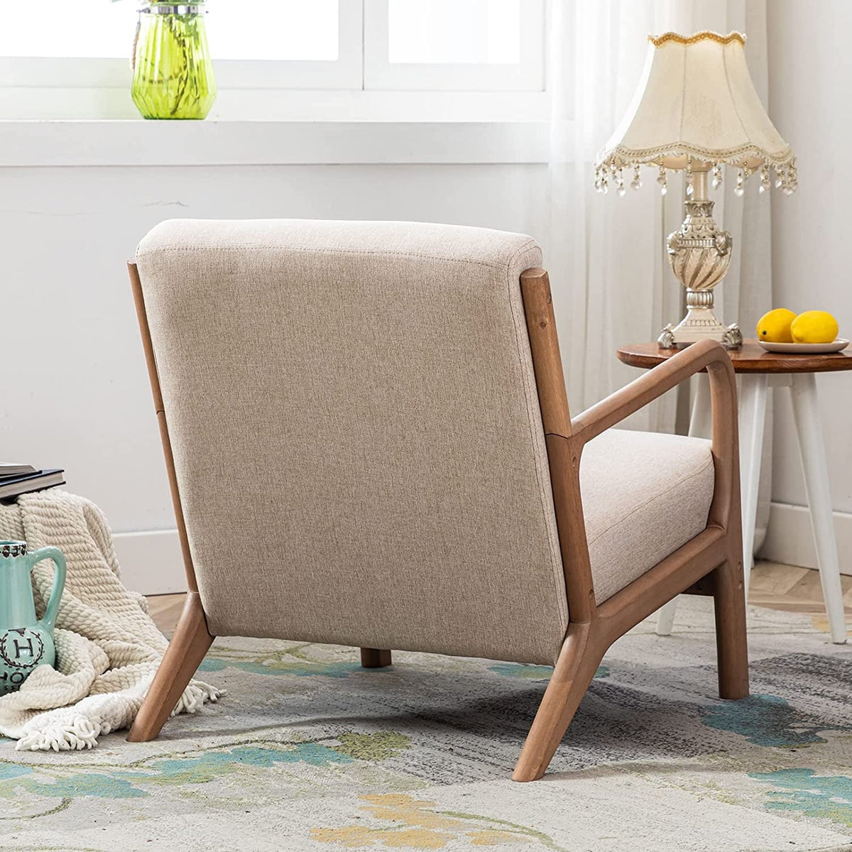Bonzy Home Mid Century Modern Accent Chair, Single Fabric Lounge Reading Armchair with Solid Wood Frame, Easy Assembly Arm Chairs for Living Room, Beige