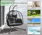 Bifanuo Double Wicker Swing Egg Chair Hammock Foldable Hanging Loveseat with Stand, UV Resistant Removable Cushions, 700LBS Capacity for Bedroom, Balcony (Black and Beige)