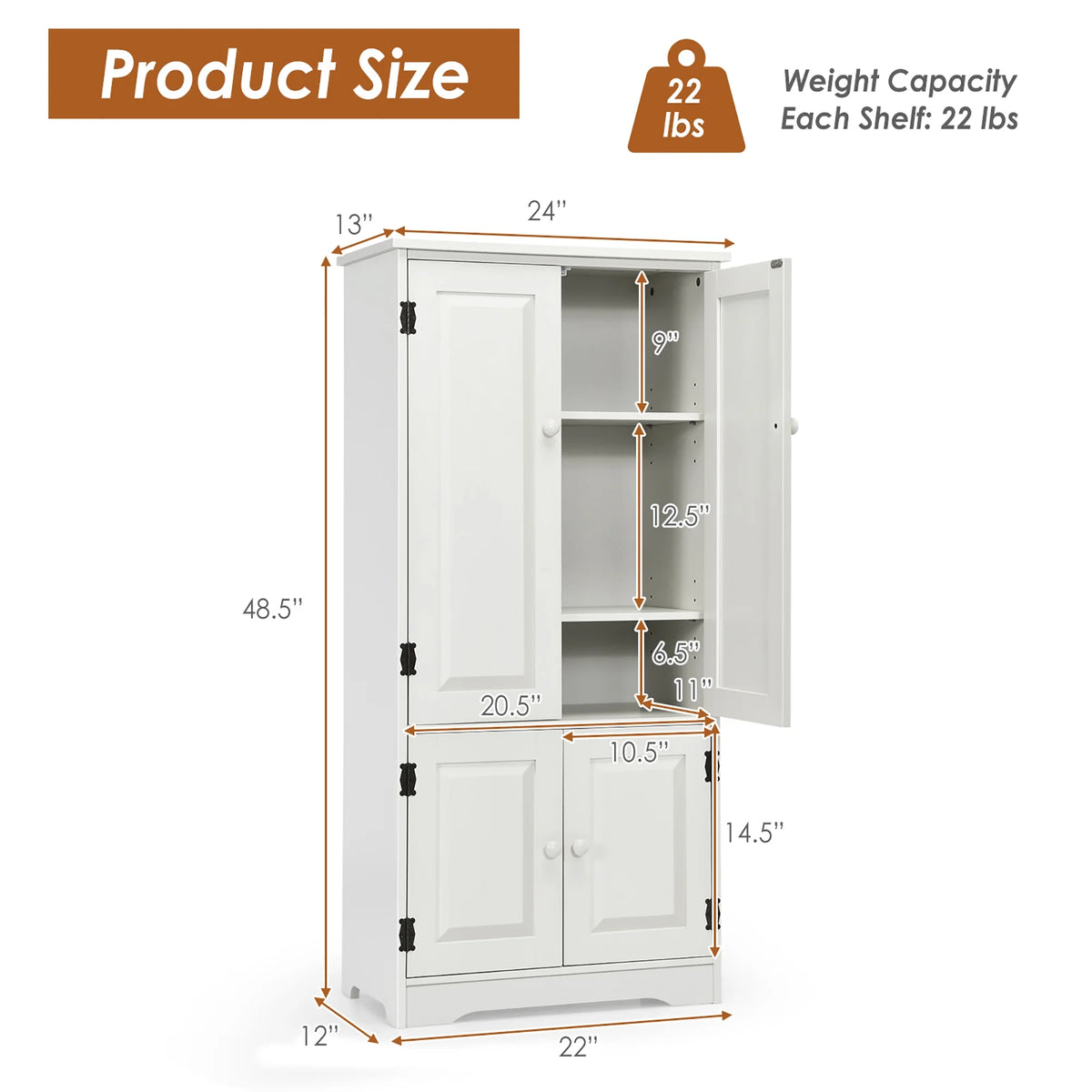 Costway Accent Storage Cabinet Adjustable Shelves Antique 2 Door Floor Cabinet Cream White