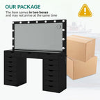 Yanosaku 15 Drawers Vanity Desk with Power Outlet, Makeup Table with Mirror and 13 LED Lights, 3 Color Lighting Modes, Brightness Adjustable, Glass Top Dressing Table, Vanity Set for Bedroom