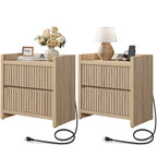 SICOTAS 25.4" Wide Nightstand Set of 2 with Charging Station, Modern Night Stand  with  2 Fluted Dresser & Handle-Less Storage Farmhouse Bed Side Table  for Bedroom, Natural Oak