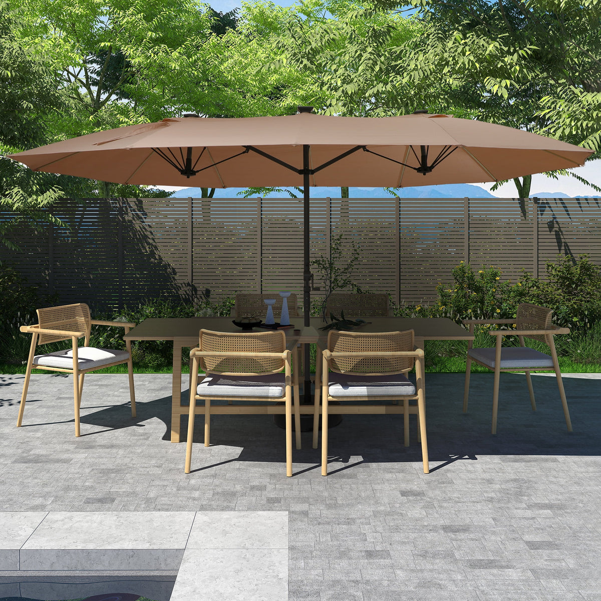 Mondawe 15ft Patio Umbrella, Large Double-Sided Solar LED Outdoor Umbrella with Fiberglass Ribs and Base for Deck Pool, Navy Blue