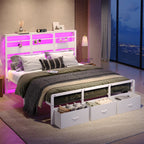Pinmoco LED Queen Bed Frame with 49.2" High Storage Headboard and 4 Drawers, Adjustable Base Height Metal Platform Bed with Charging Station, Rustic