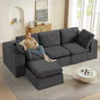 Cloud Sectional Couches for Living Room, Modular L-Shaped Sofa with Ottoman, Corduroy Sleeper Sofa Bed, No Assembly Compression Memory Foam Couch,White