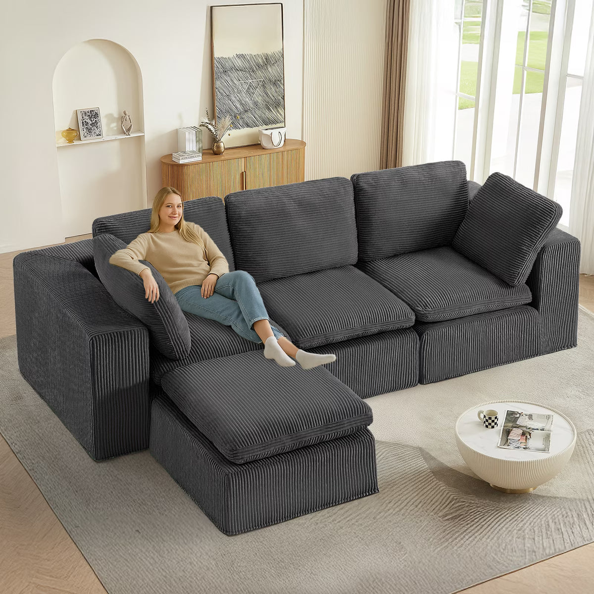 Cloud Sectional Couches for Living Room, Modular L-Shaped Sofa with Ottoman, Corduroy Sleeper Sofa Bed, No Assembly Compression Memory Foam Couch,White