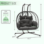 Bifanuo Double Wicker Swing Egg Chair Hammock Foldable Hanging Loveseat with Stand, UV Resistant Removable Cushions, 700LBS Capacity for Bedroom, Balcony (Black and Beige)