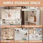 Veanerwood White Corner Vanity Desk with Mirror and Light,Makeup Table with 4 Drawers and Charging Station for Bedroom