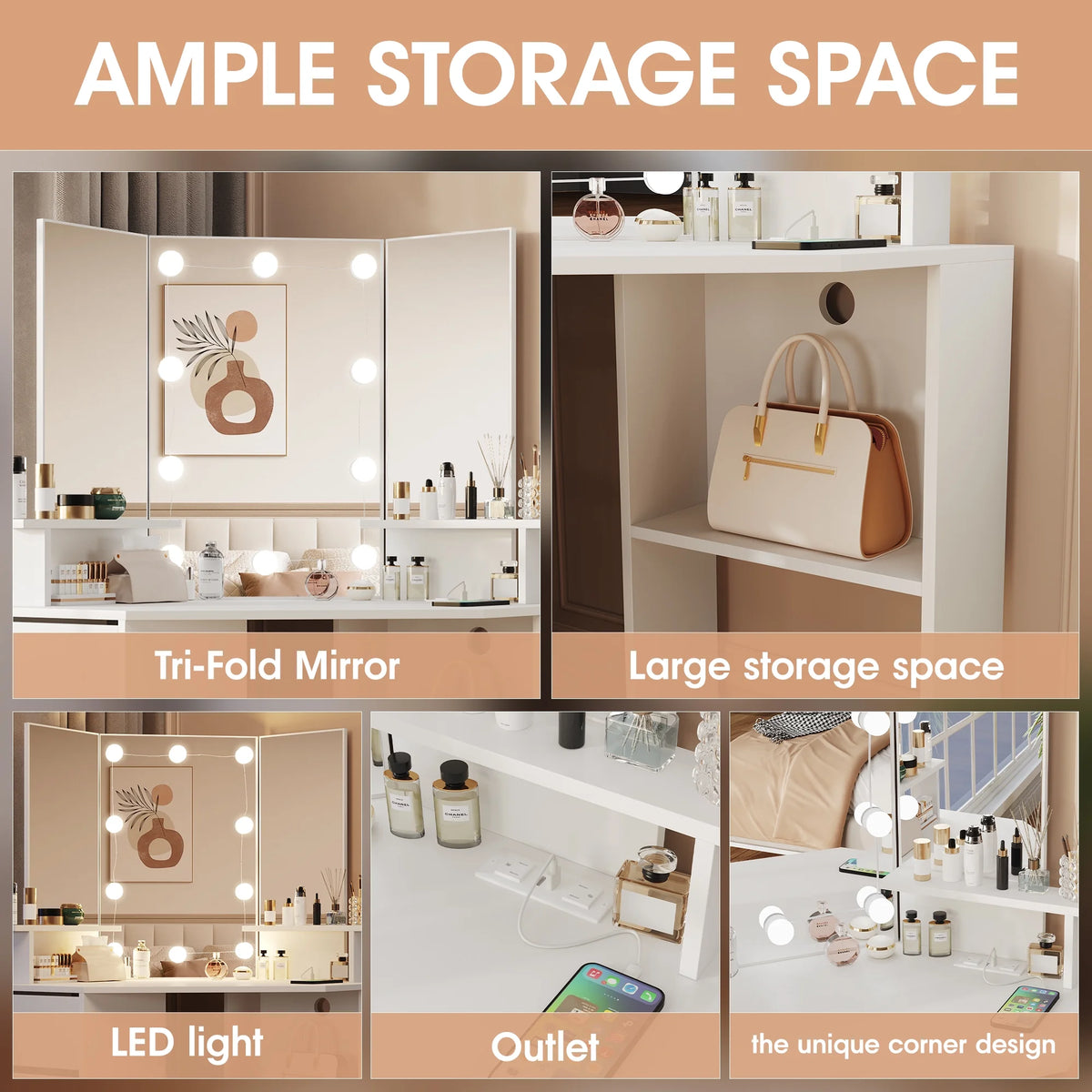 Veanerwood White Corner Vanity Desk with Mirror and Light,Makeup Table with 4 Drawers and Charging Station for Bedroom