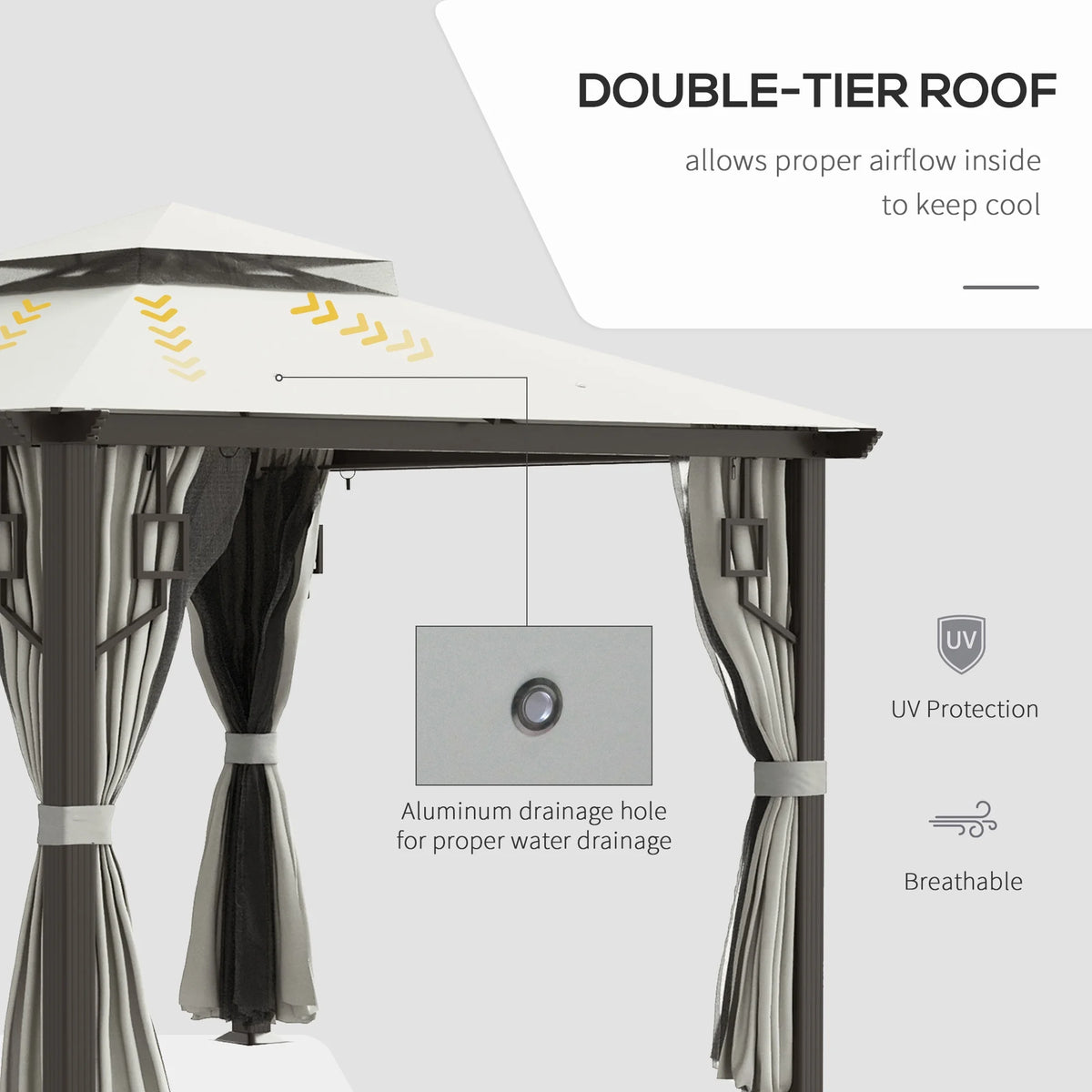 Outsunny 10' x 10' Patio Gazebo Outdoor Canopy Shelter with Aluminum Frame, Double Tier Roof, Netting and Curtains for Garden, Lawn, Cream White