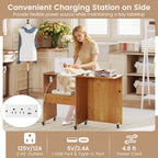 Costway Folding Sewing Table Rolling Craft Station with 3 Storage Bins & Charging Station Natural