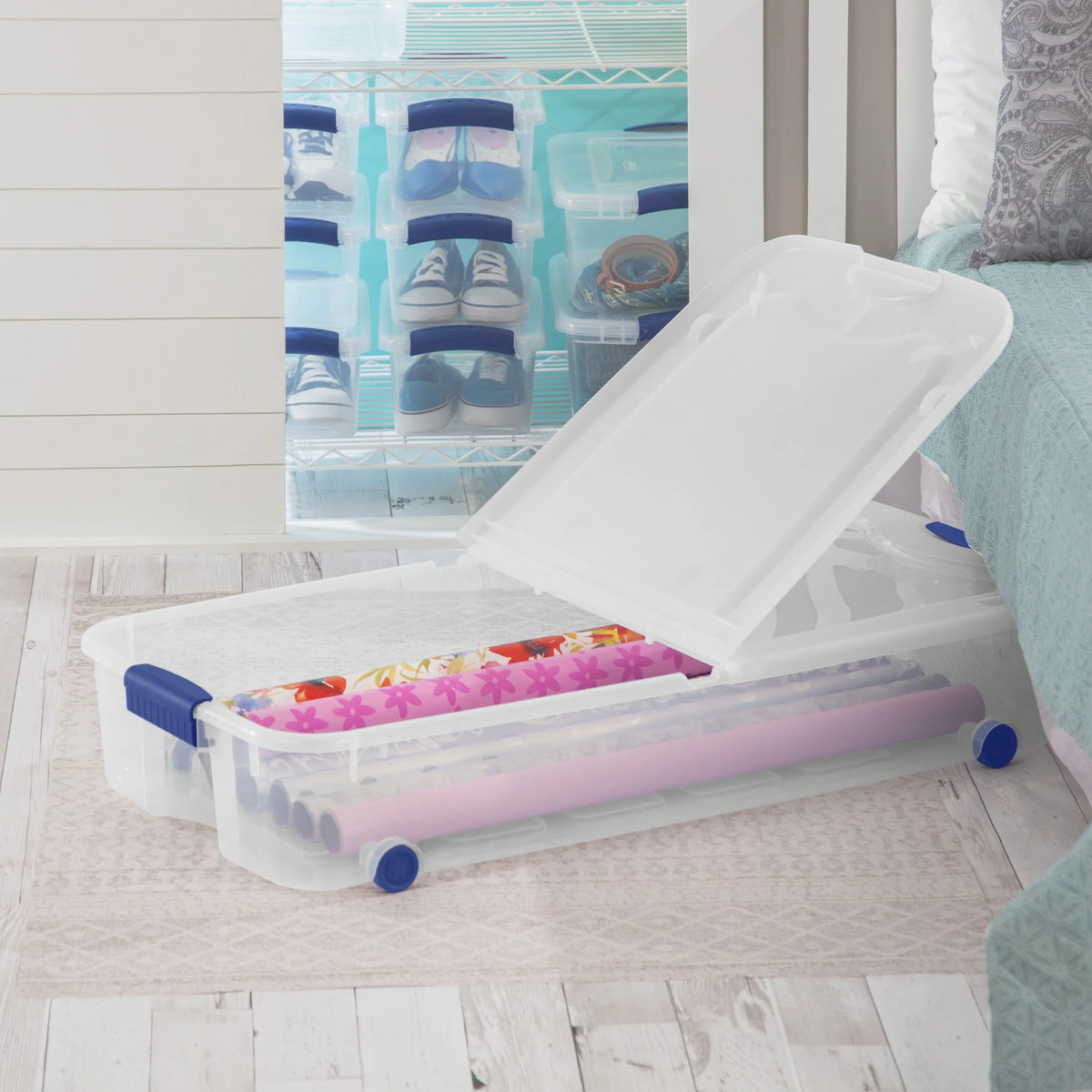 Sterilite 66 Quart Wheeled Latch Box, Clear Underbed Storage Bin with Lid, Blue, 4 Count