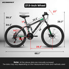 27.5 inch Full Suspension Mountain Bike, Front and Rear Dual Shock Absorbers, Mechanical Disc Brakes, 21-Speed, Suitable for Men and Women, Ideal for Travel and Fitness Enthusiasts