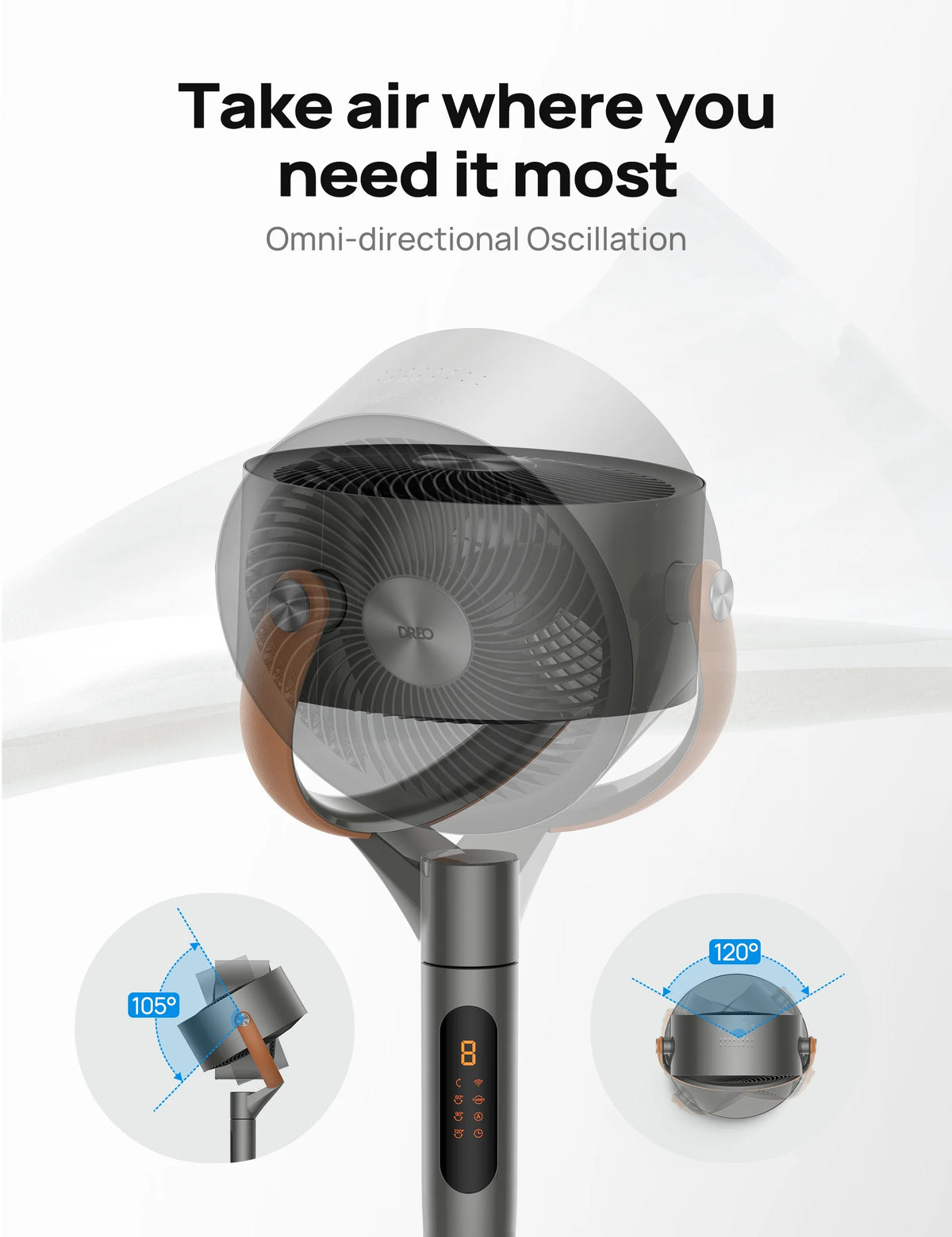Dreo Pedestal Fan with Remote, 43'' Quiet Standing Fan for Home Bedroom, 120��+105�� Smart Oscillating Floor Fans with Wi-Fi/Voice Control, Works with Alexa/Google, 6 Modes, 8 Speeds, 12H Timer