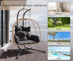 Bifanuo Double Wicker Swing Egg Chair Hammock Foldable Hanging Loveseat with Stand, UV Resistant Removable Cushions, 700LBS Capacity for Bedroom, Balcony (Black and Beige)