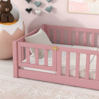 UHOMEPRO Twin Size Floor Bed with Door and Fence, Montessori Floor Bed with Slats and Safety Guardrails, Solid Wood Twin Bed Frame for Bedroom, White