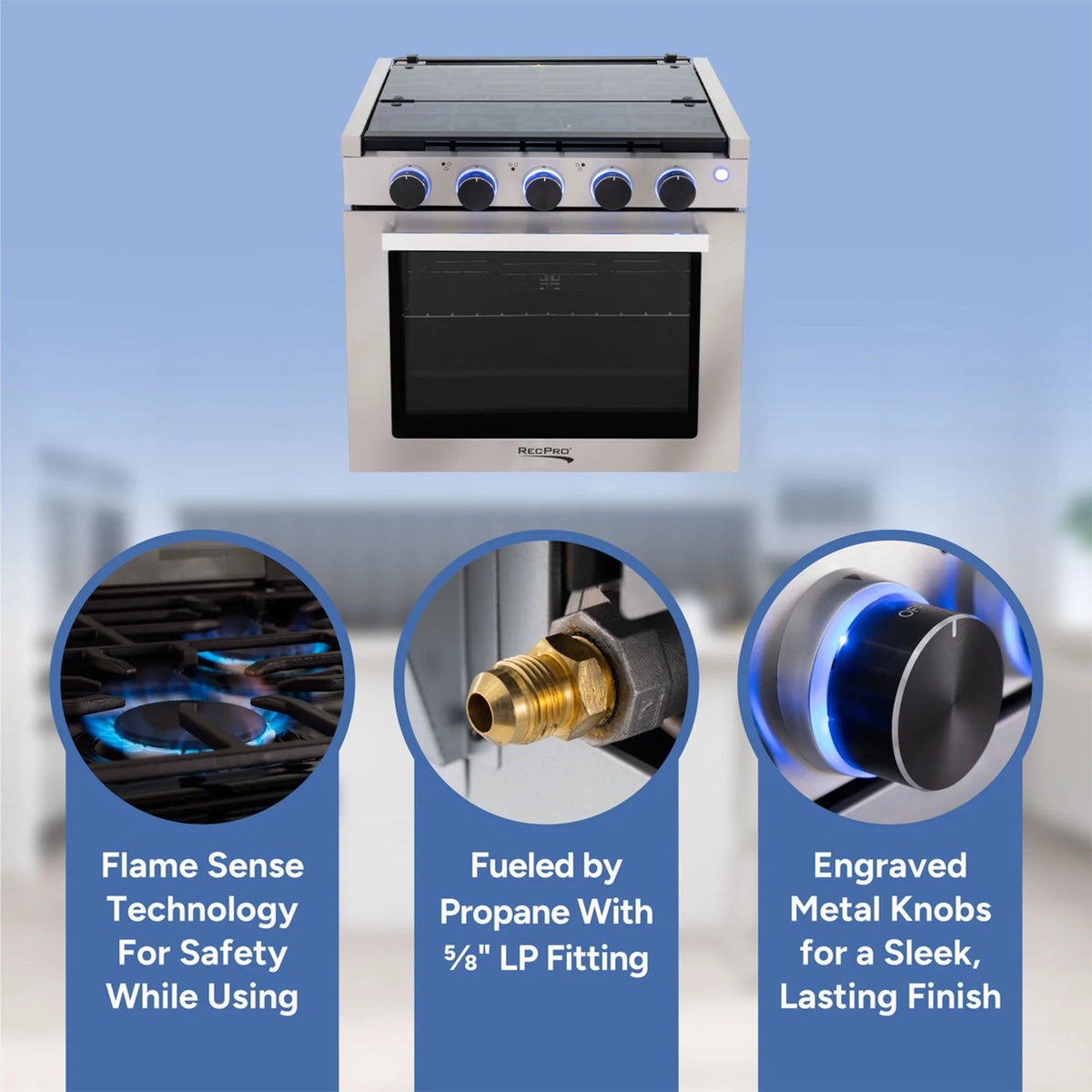 RecPro 17 Inch 3 Burner Propane RV Stove Gas Range without Hood, Silver