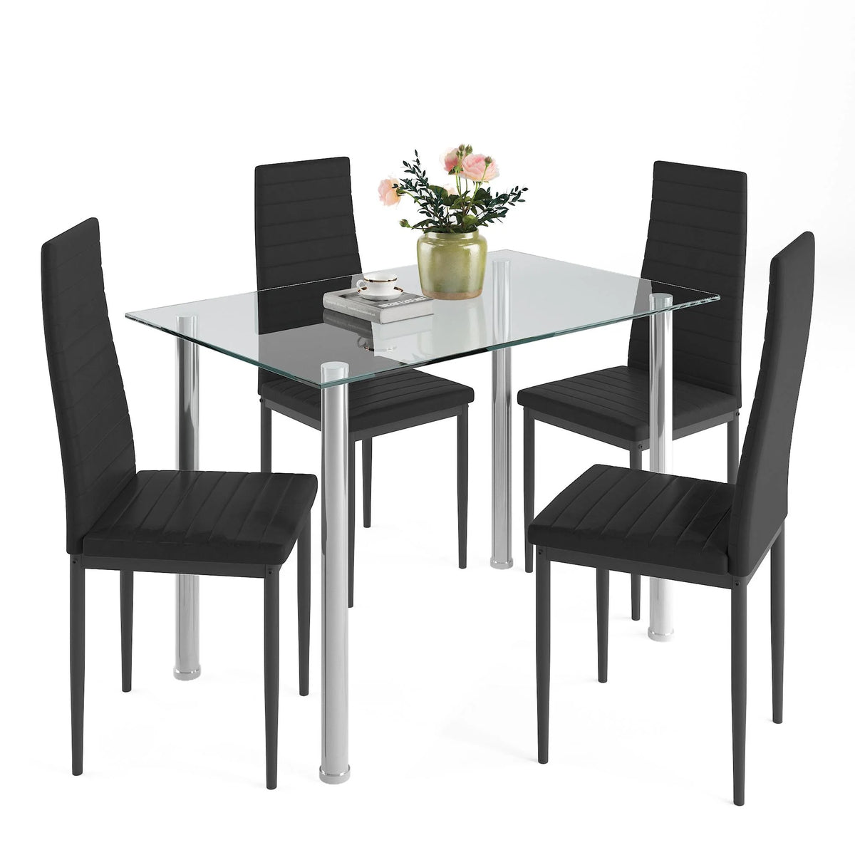 uhomepro White Kitchen Table Set, 5 Pieces Dining Table Set, Tempered Glass Dining Table and Chairs Set for 4, Upgraded Iron Dining Room Table Set with 4 PU Leather Chairs