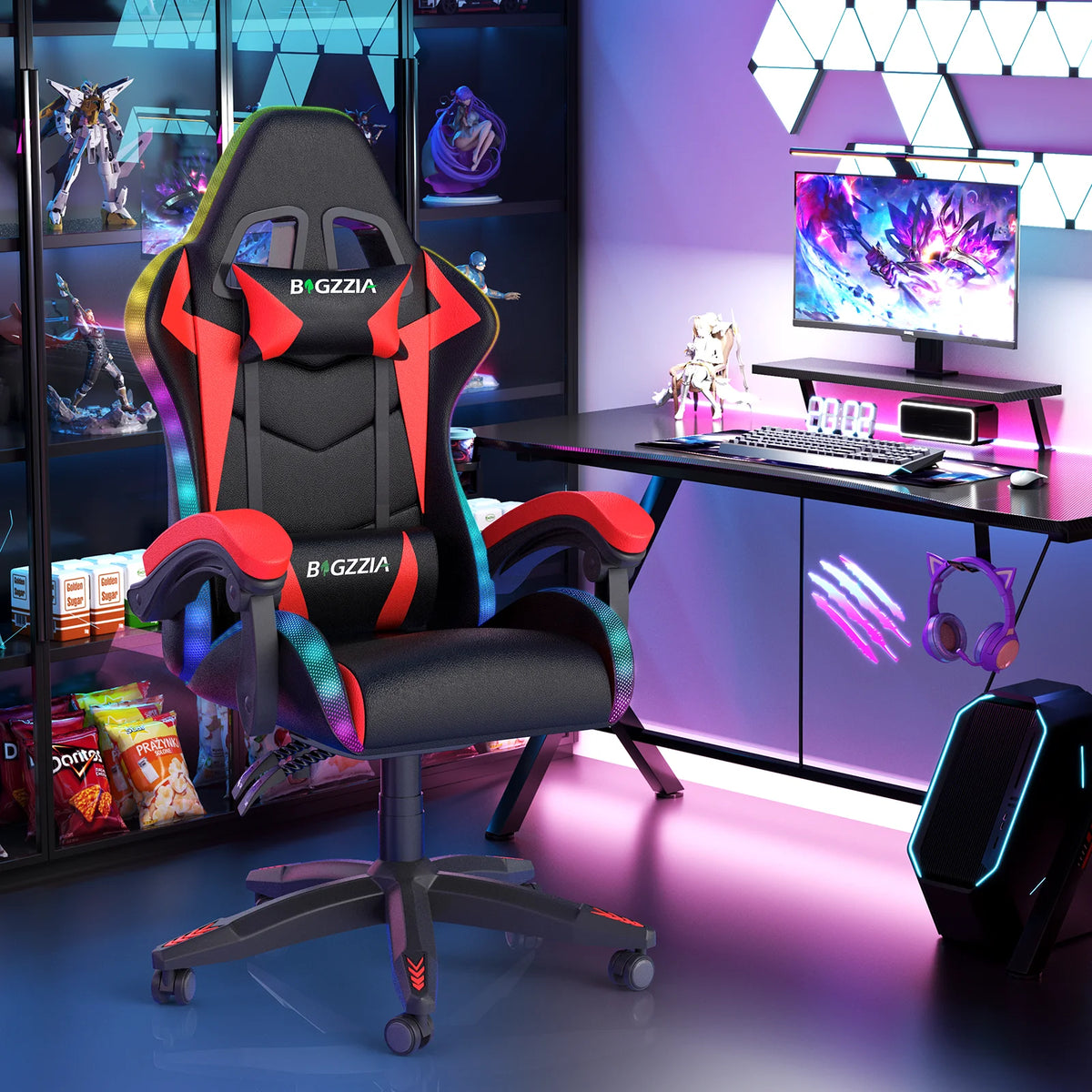 Bigzzia Gaming Chair with LED Lights Ergonomic Office Chair for Adults and Kids - Adjustable Height, 360�� Swivel, Headrest Support, Mesh PU Leather, Black & Green
