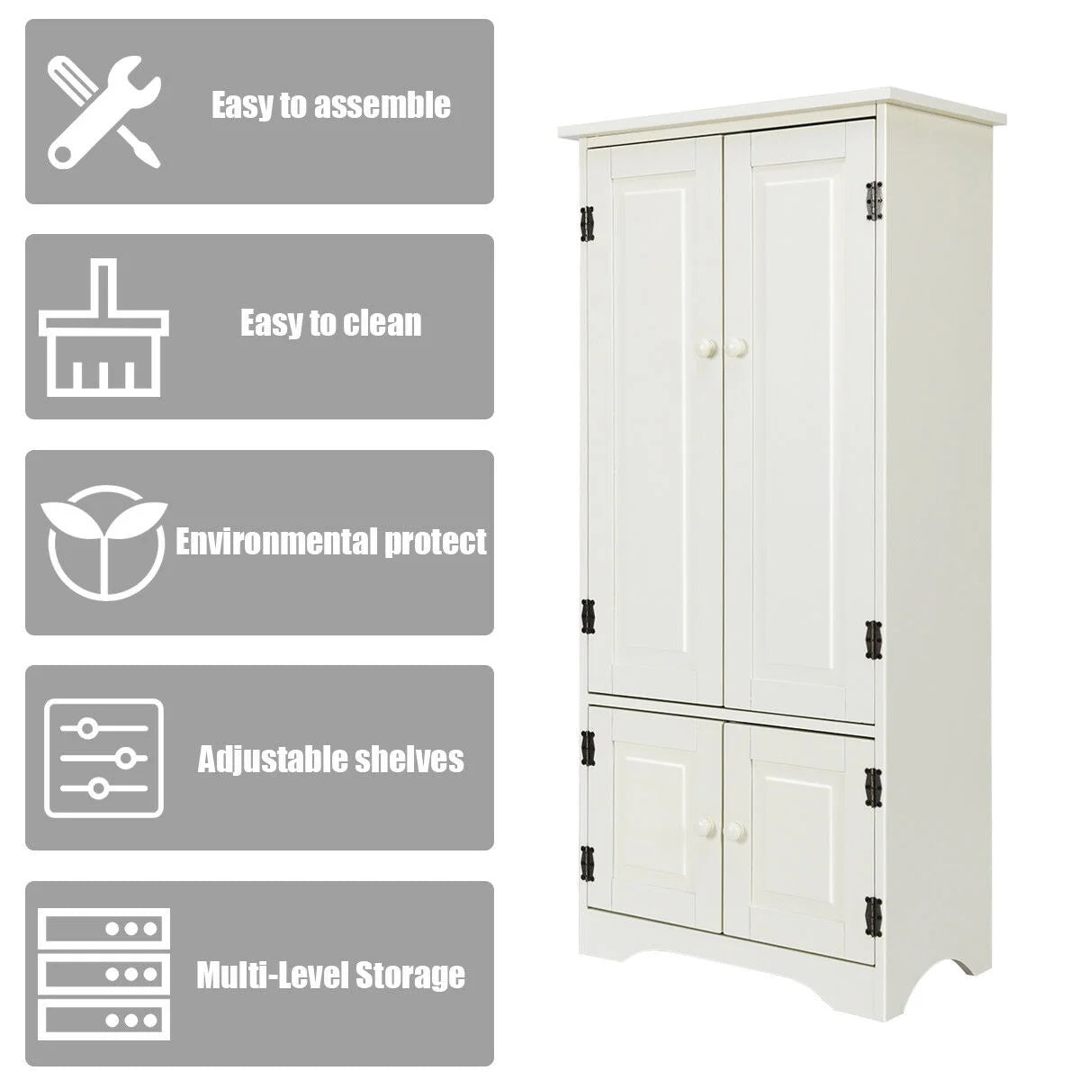 Costway Accent Storage Cabinet Adjustable Shelves Antique 2 Door Floor Cabinet Cream White