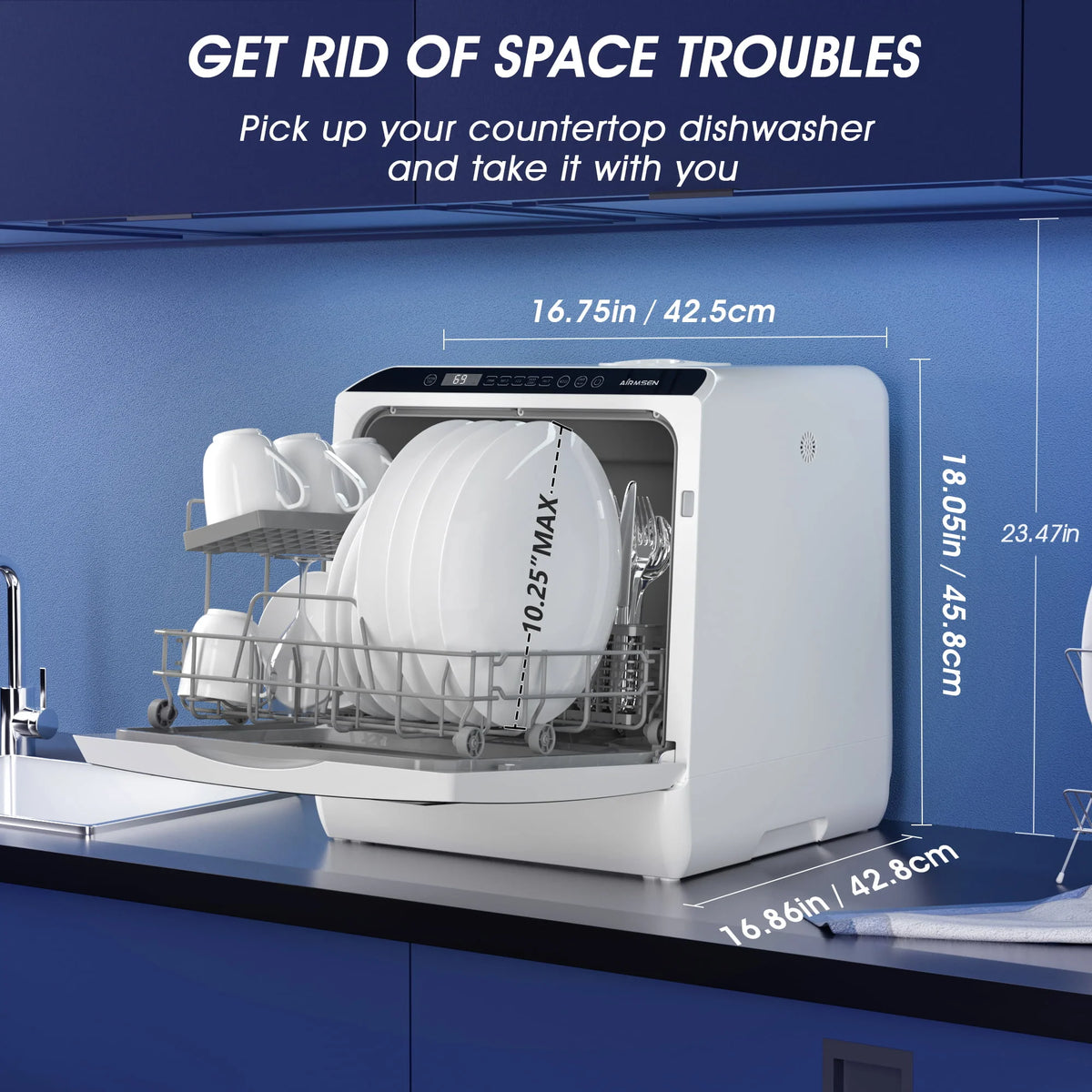 AIRMSEN Portable Countertop Dishwasher with 5-Liter Built-in Water Tank and Air-Dry Function, 5 Washing Programs, AE-TDQR03