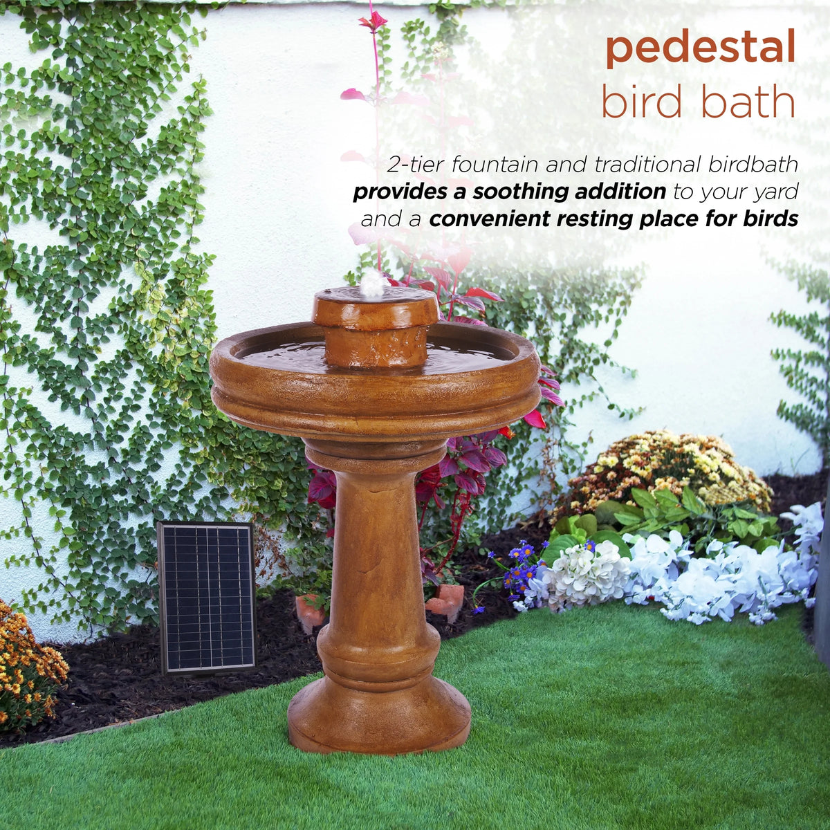 Alpine Corporation  29" Outdoor Birdbath Fountain with LED Lights  Classic Pedestal Solar-Powered Garden Water Feature, Brown