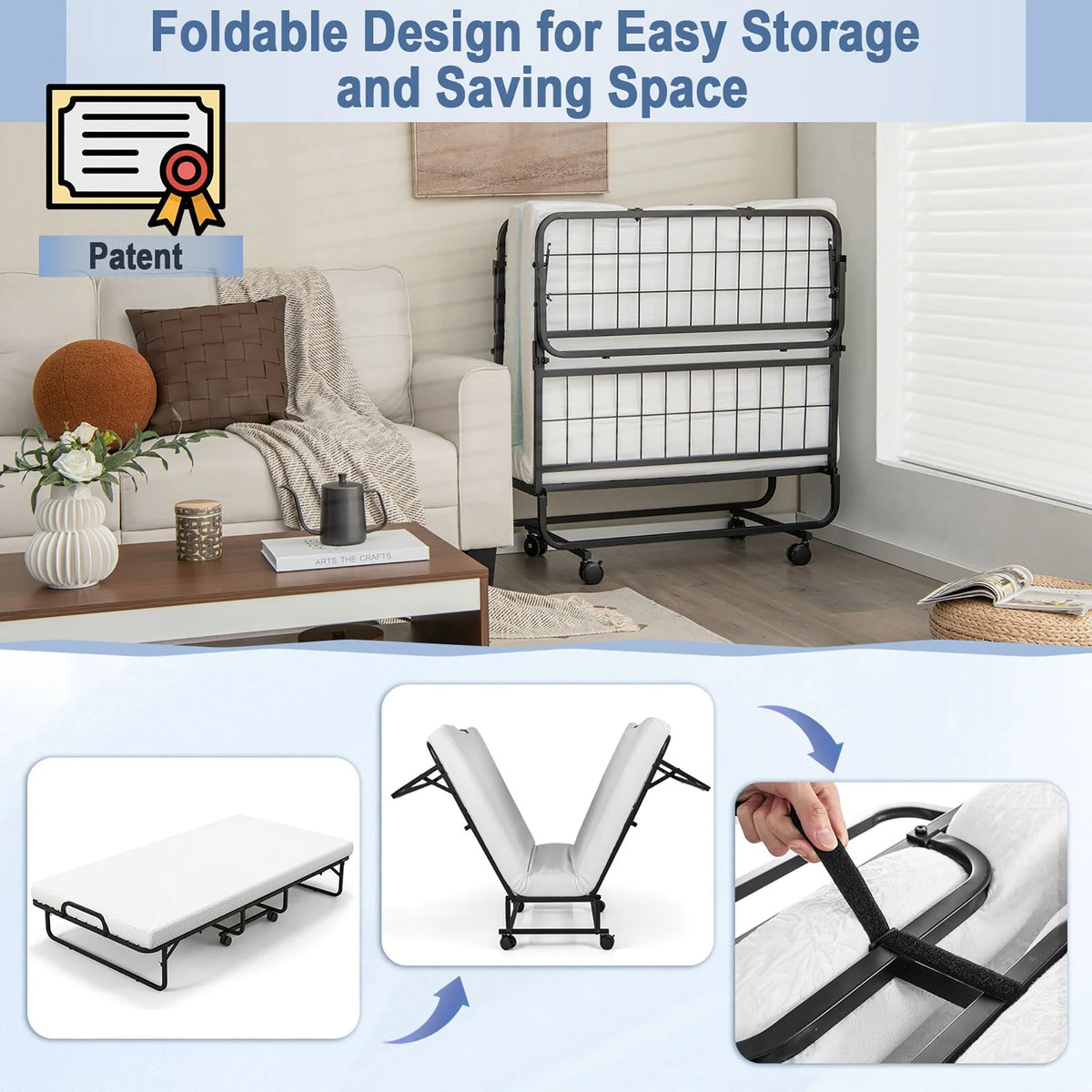 Costway Heavy Duty Foldable Bed Metal Guest Bed Daybed W/ 4 inch Mattress Memory Foam