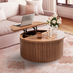 Oubayajia Round Coffee Table with Storage, Wood Lift Top Coffee Table, Waveform Panel, Natural
