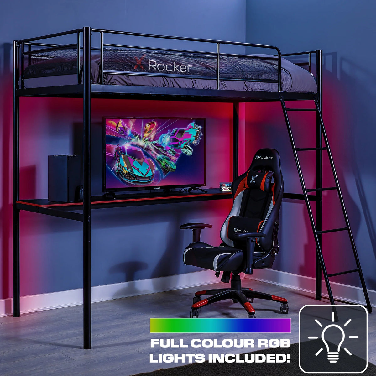 X Rocker HQ Gaming Bunk Bed with LED Lighting, Black, Twin