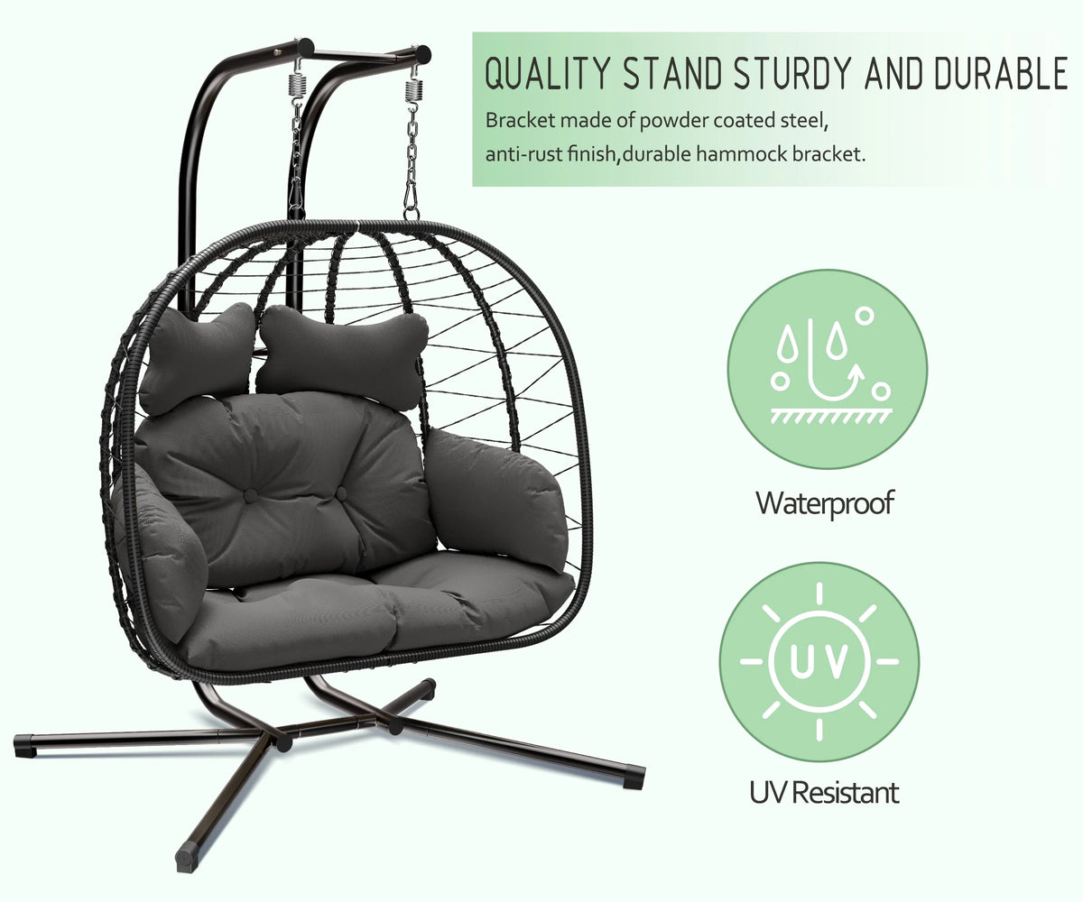 Bifanuo Double Wicker Swing Egg Chair Hammock Foldable Hanging Loveseat with Stand, UV Resistant Removable Cushions, 700LBS Capacity for Bedroom, Balcony (Black and Beige)