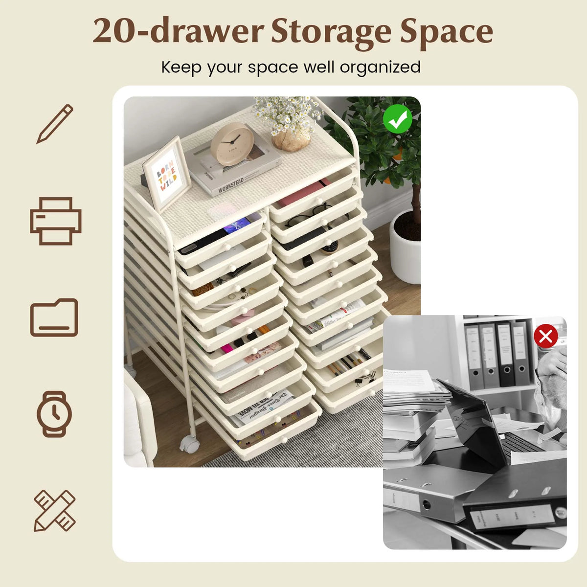 Costway 20 Drawer Rolling Storage Cart Tools Scrapbook Paper Office School Organizer Yellow