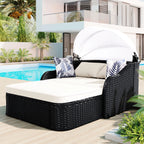 Outdoor Sun Lounger With Adjustable Canopy And Relaxing Pillow - Pe Black Blue Cushion 79.9" Daybed Cozy