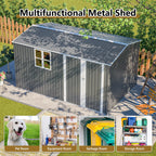 12x8 Ft Outdoor Storage Shed with Floor Frame, Metal Garden Tool Shed with Lockable Doors & Window, Ideal for Backyard Garden Patio Lawn, Grey