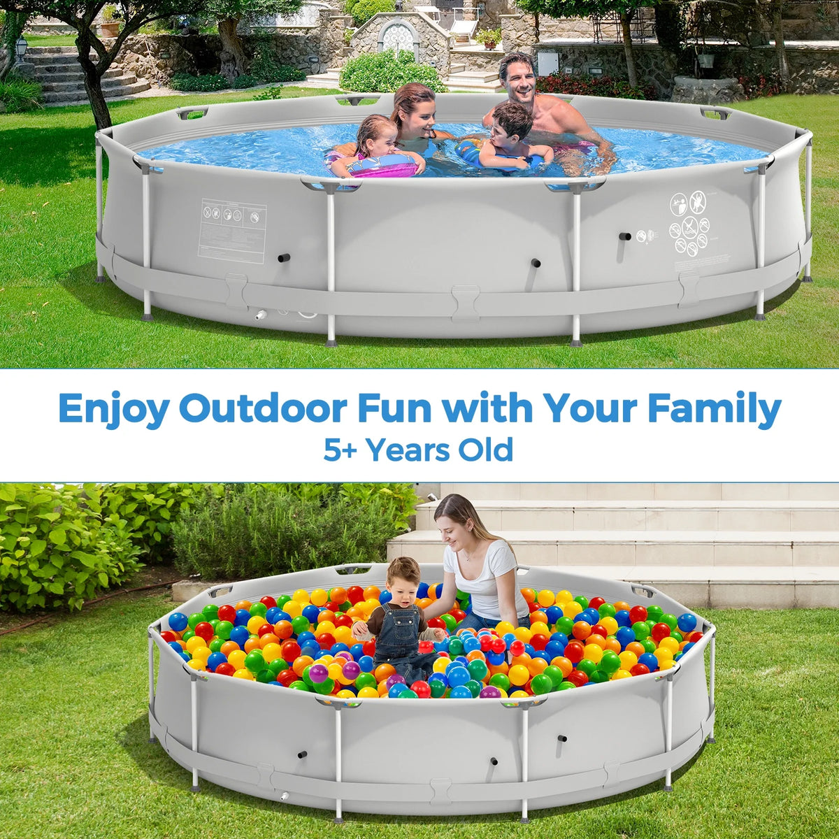 Infans Round Above Ground Swimming Pool Patio Frame Pool W/ Pool Cover Iron Frame Blue