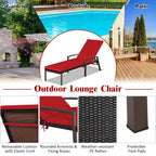 Costway 2PCS Patio Rattan Lounge Chair Chaise Recliner Back Adjustable Cushioned Red