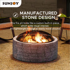 Sunjoy Stone Fire Pit 26 Inch, Outdoor Round Wood Burning Fire Pits with Spark Screen and Poker  Grey
