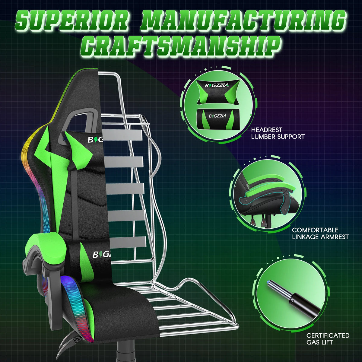 Bigzzia Gaming Chair with LED Lights Ergonomic Office Chair for Adults and Kids - Adjustable Height, 360�� Swivel, Headrest Support, Mesh PU Leather, Black & Green