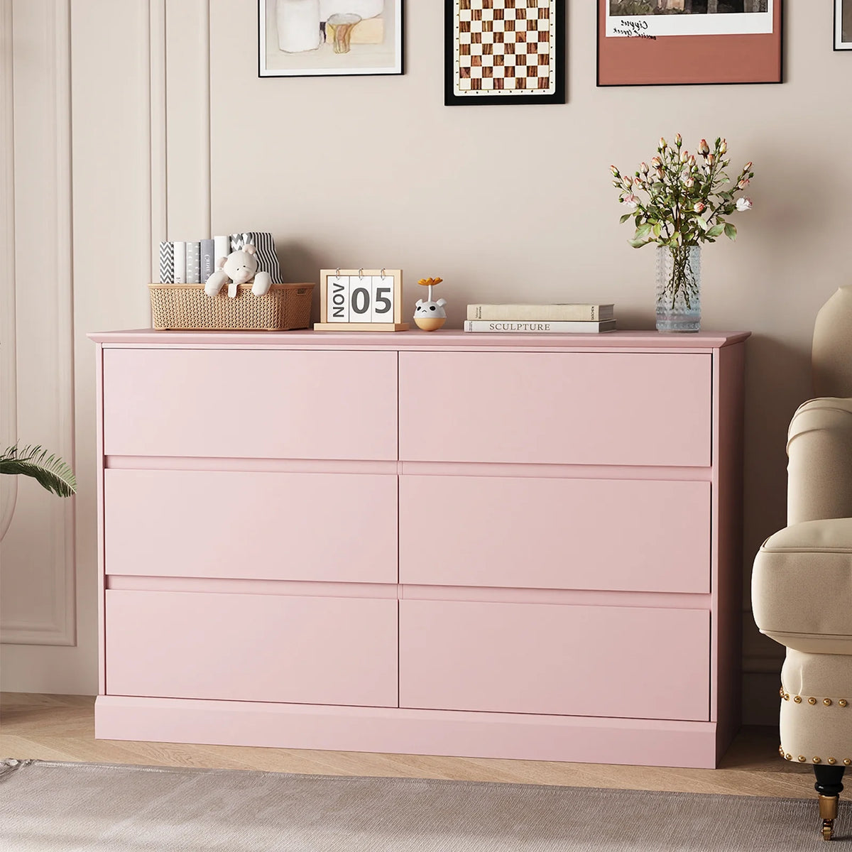 White Dressers Bedroom Dresser 6 Drawer Storage Chest of Drawers Double Dresser Storage Side Cabinet Room Furniture for Bedroom Living Room