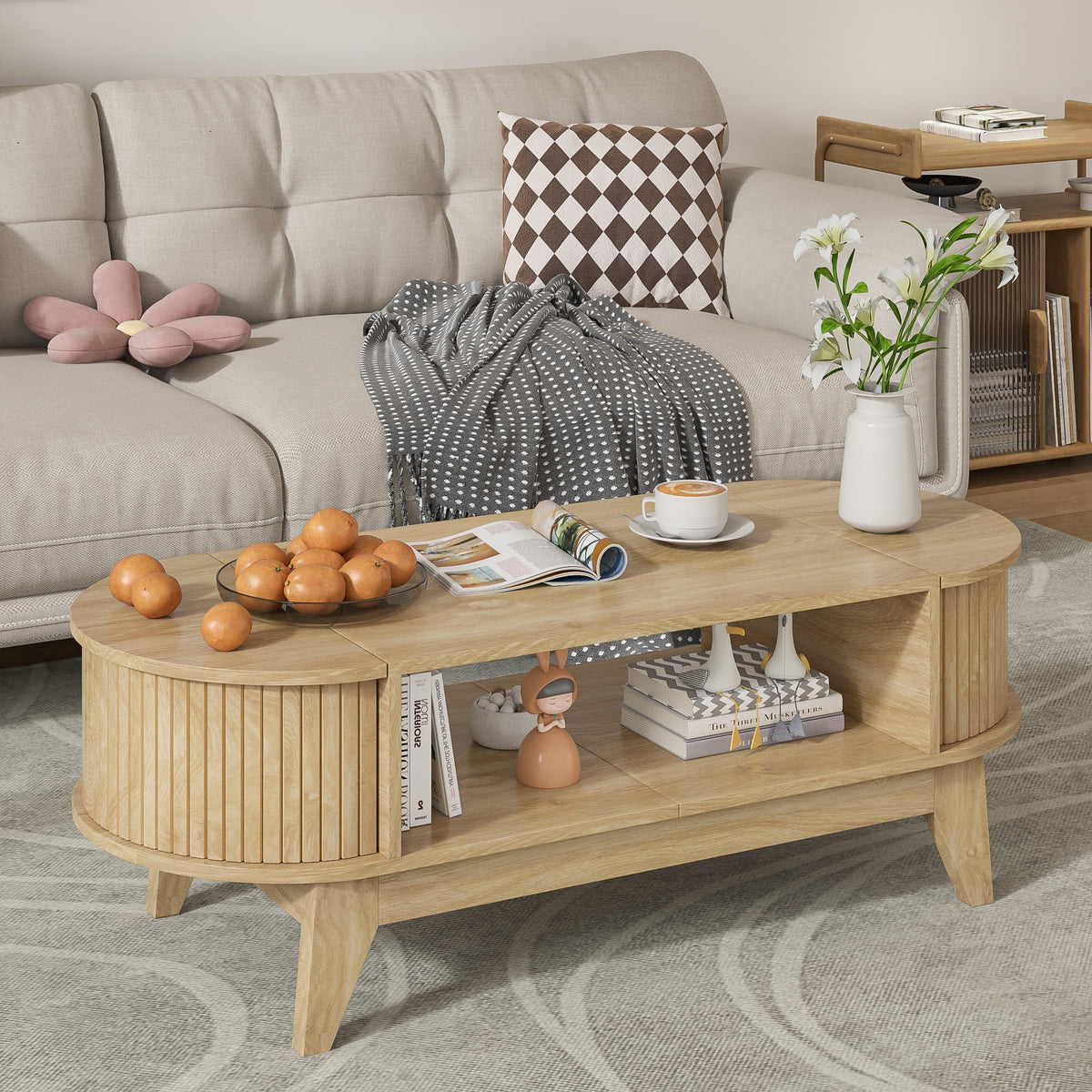 Fluted Coffee Table with Storage, Modern Coffee Tables, Wood Accent Center Table