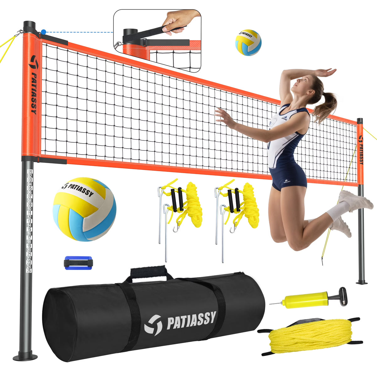Patiassy Outdoor Portable Volleyball Net Set System for Backyard - Quick & Easy Setup Adjustable Height Steel Poles, PU Volleyball, Pump and Carrying Bag