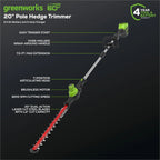 Greenworks 60V 20" Brushless Cordless Battery Powered Pole Hedge Trimmer, 2.0Ah Battery and Charger Included