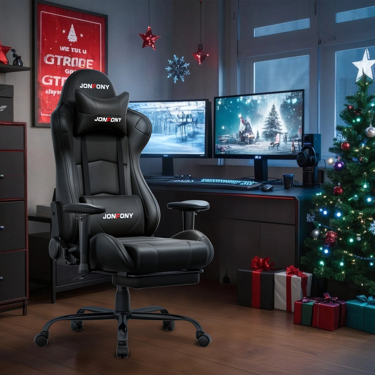 JONPONY Big and Tall 500LBS Gaming Chair, Ergonomic Design, Gamer Chair PU Leather with Footrest and Lumbar Support, High Back Office Chair Support 8 Hours Long Sitting,Red Computer Chair,Red