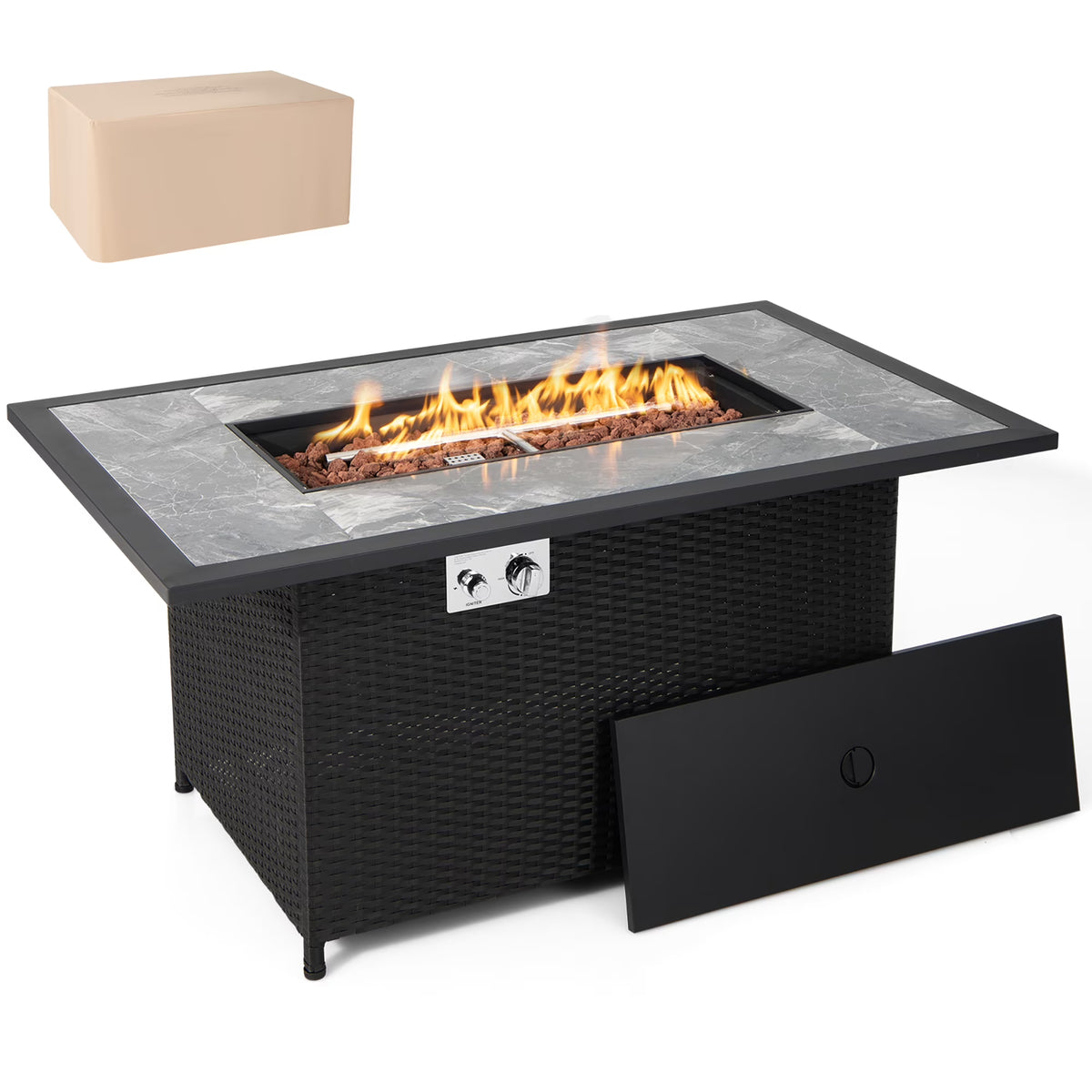 Costway 52'' Propane Fire Pit Table Marble Tabletop Rattan Wicker w/ Rain Cover Lava Rock