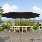 Mondawe 15ft Patio Umbrella Rectangular Outdoor Market Umbrella with Base and LED Lights Beige