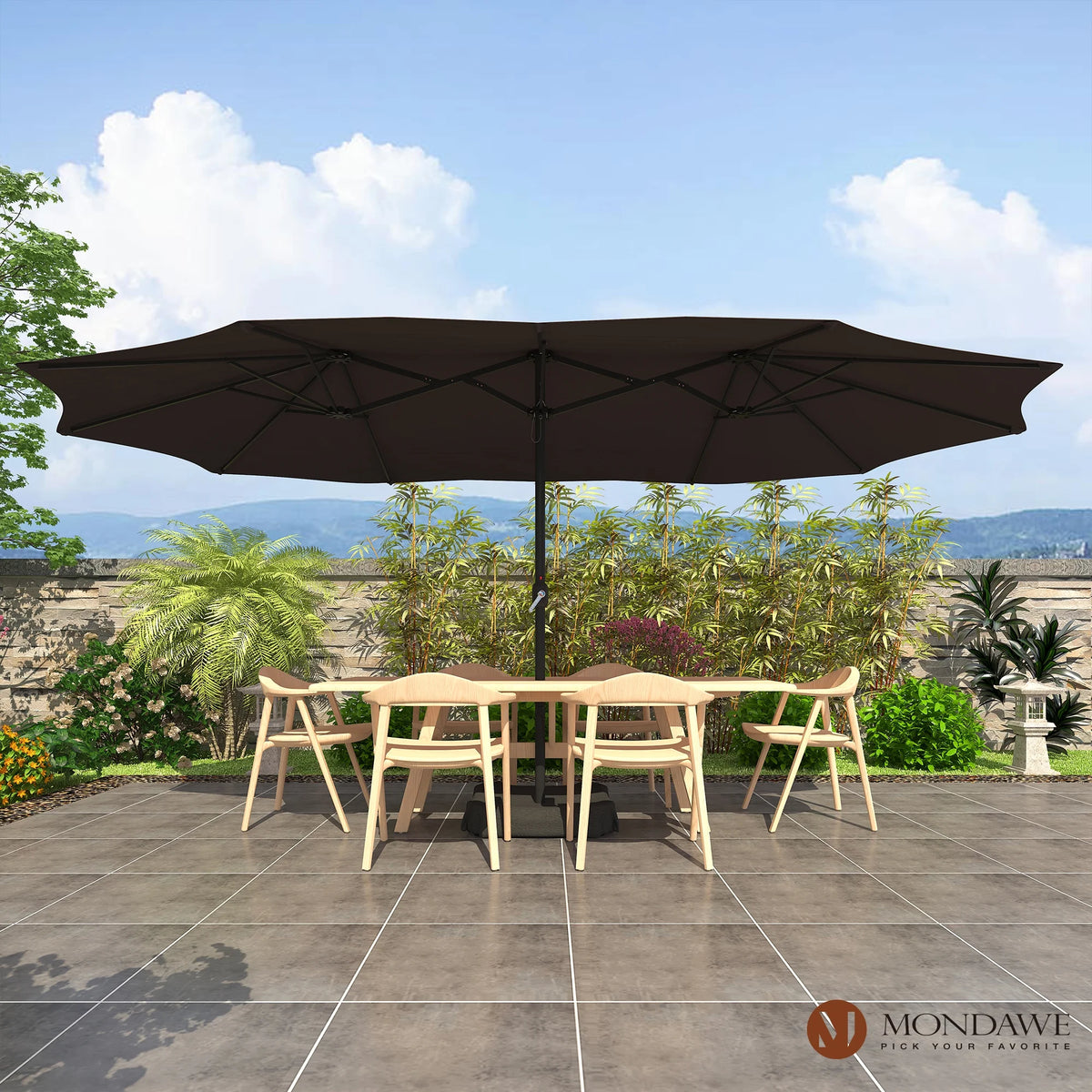 Mondawe 15ft Patio Umbrella Rectangular Outdoor Market Umbrella with Base and LED Lights Beige
