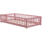 UHOMEPRO Twin Size Floor Bed with Door and Fence, Montessori Floor Bed with Slats and Safety Guardrails, Solid Wood Twin Bed Frame for Bedroom, White