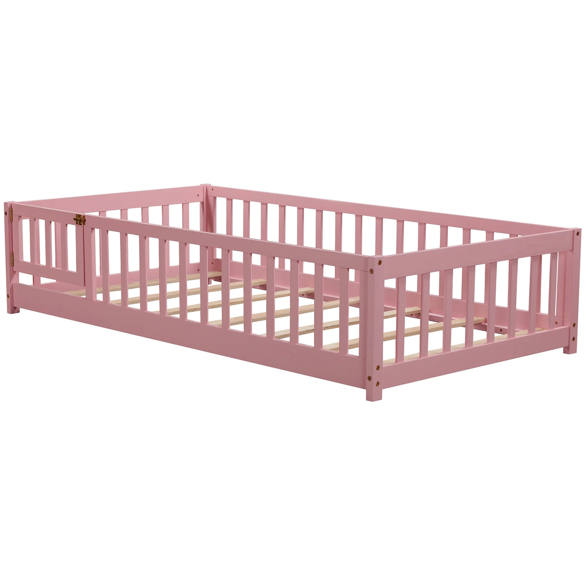 UHOMEPRO Twin Size Floor Bed with Door and Fence, Montessori Floor Bed with Slats and Safety Guardrails, Solid Wood Twin Bed Frame for Bedroom, White
