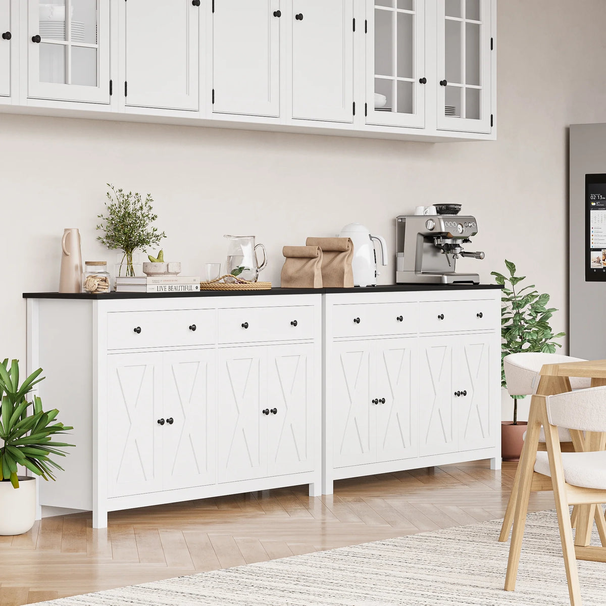 Homfa 55.1'' W Farmhouse Storage Cabinet, 4-Doors 2-Drawers Wood Sideboard with Adjustable Shelves for Kitchen Dining Room, White